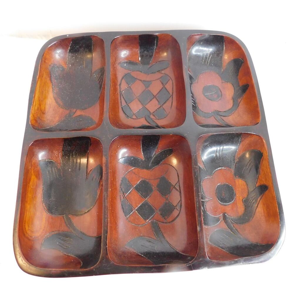 Vtg Hand Carved Polynesian Monkey Pod Wooden 6 Section Appetizer Snack Tray - Picture 7 of 7